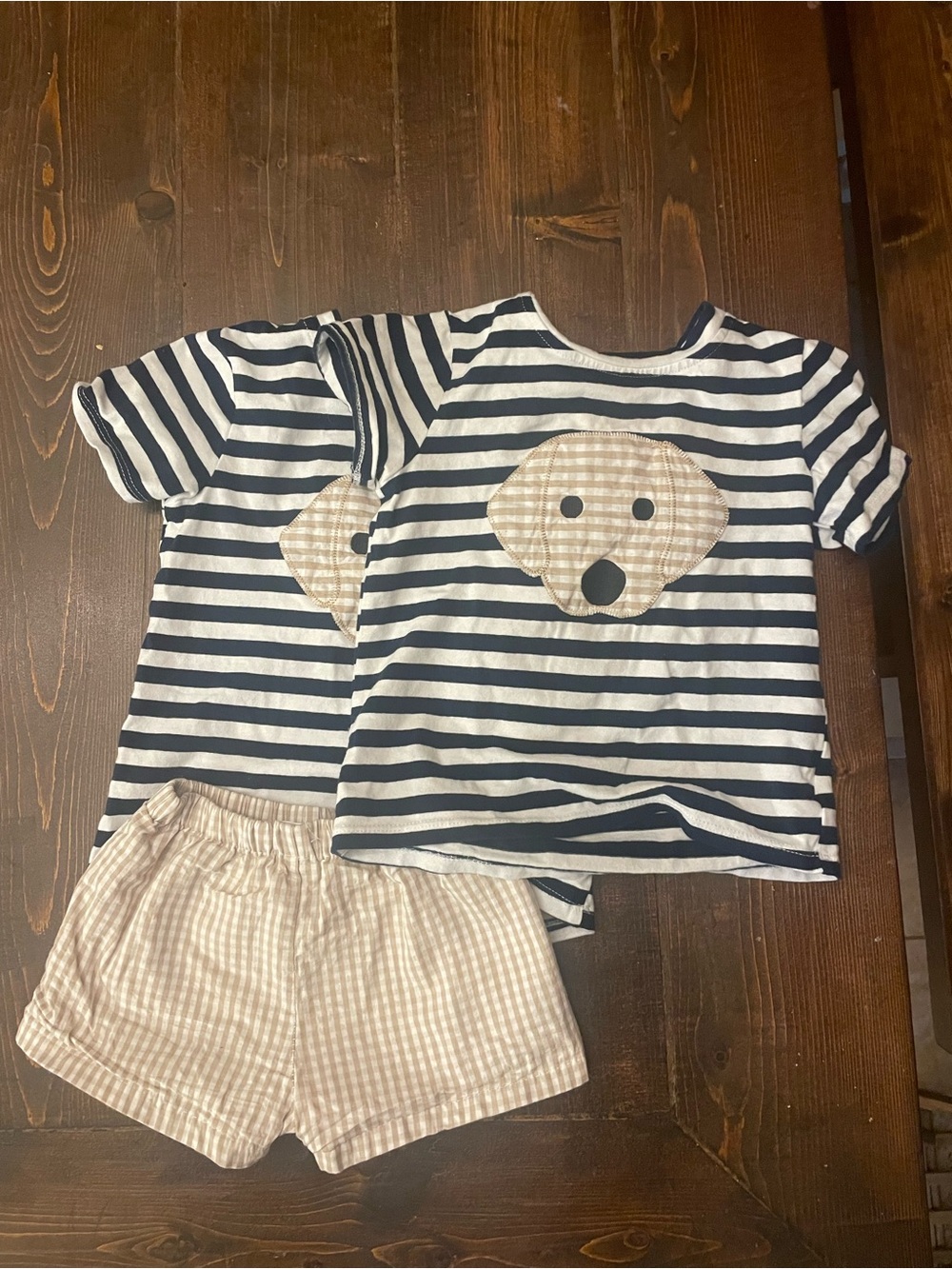 Kids Navy Stripe Short Set with Beige Gingham Dog. You will get 2 shirts